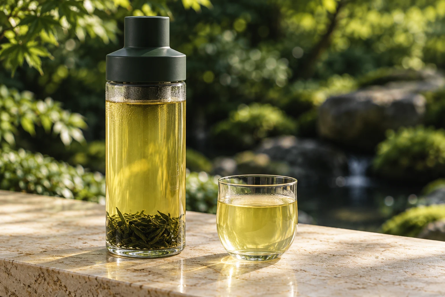 A glass cold-brew bottle and tumbler of pale golden-green tea on light stone