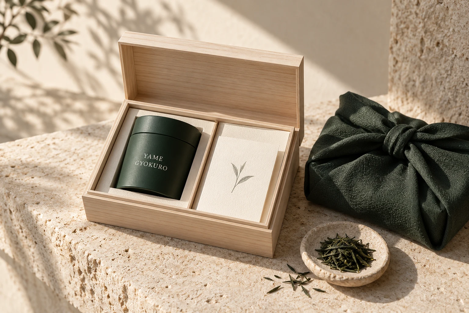 Illustrative packaging concept: green tea tin in a wooden presentation box with cloth wrapping