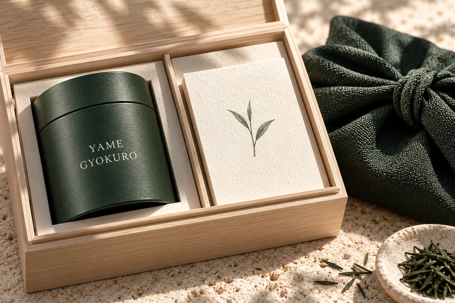 Close-up of the green tin, textured card, wood grain and cloth wrapping concept