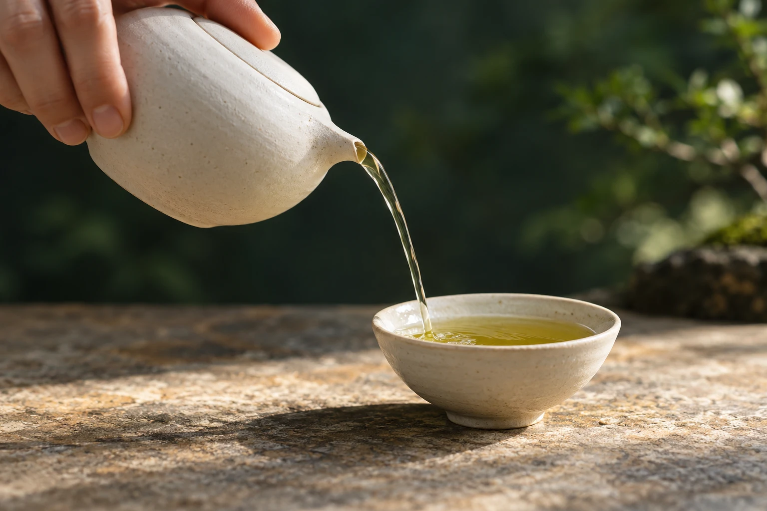 Pale golden-green tea being poured from an ivory teapot into a small cup
