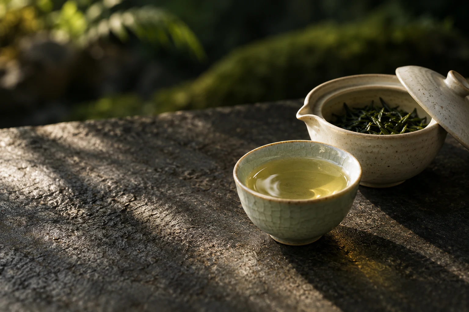 A small cup of pale golden-green gyokuro with a ceramic teapot; illustrative image