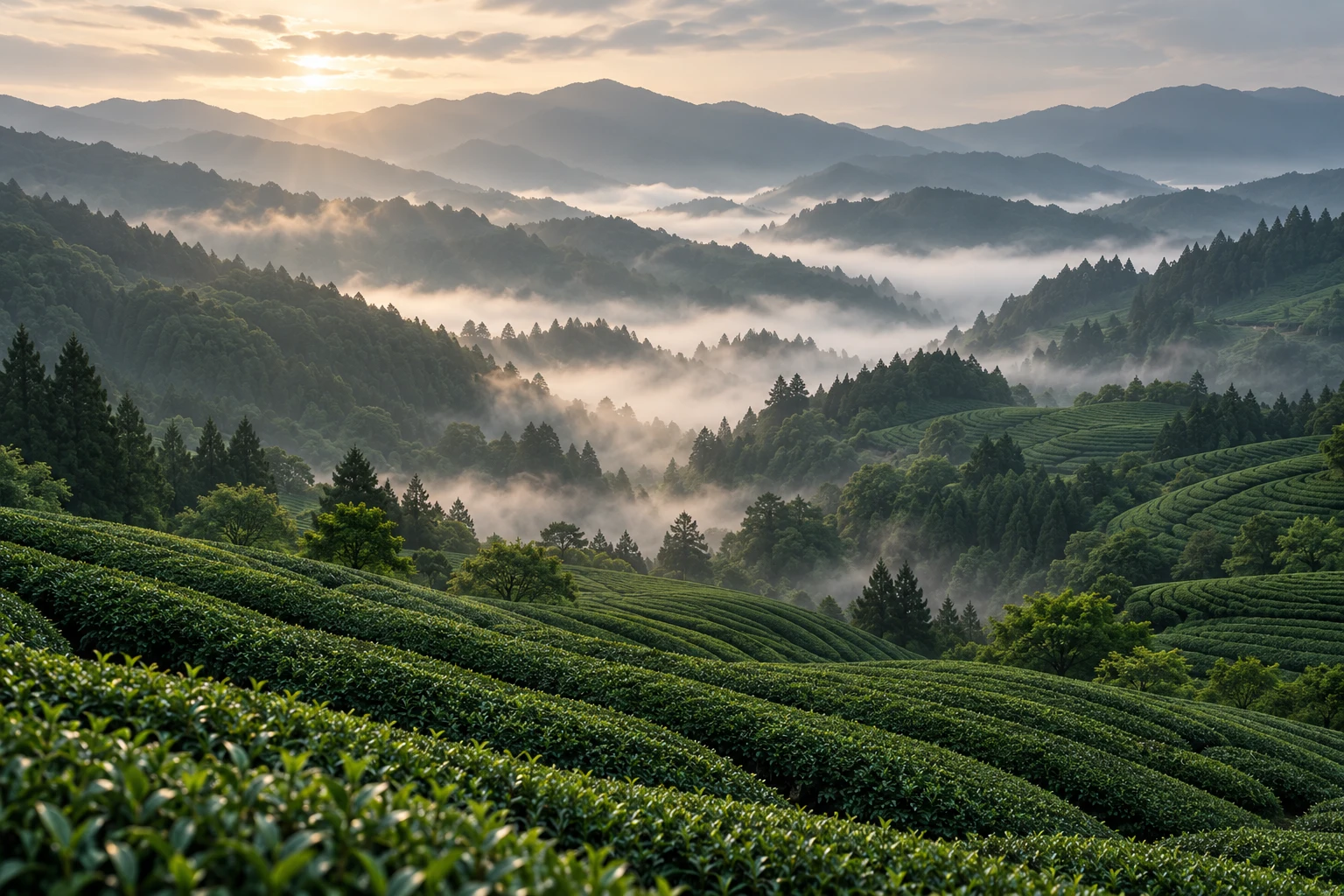 Tea-growing hills and layered mountains in morning mist, imagined landscape
